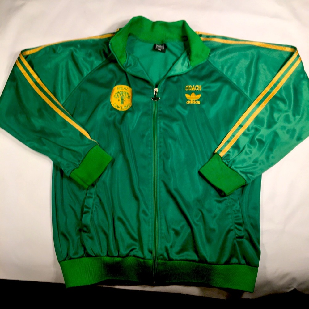 RARE VTG Adidas Trefoil Track Jacket Real Oakland FC 3 Stripe XXL Green/Gold
